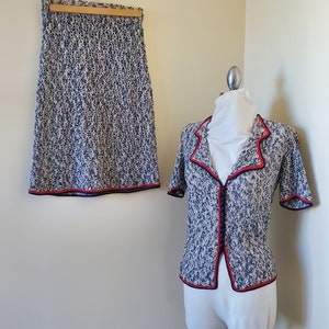 size extra small to small vintage 40s knit patriotic victory blue, red, white top and skirt set