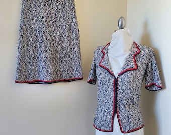 size extra small to small vintage 40s knit patriotic victory blue, red, white top and skirt set