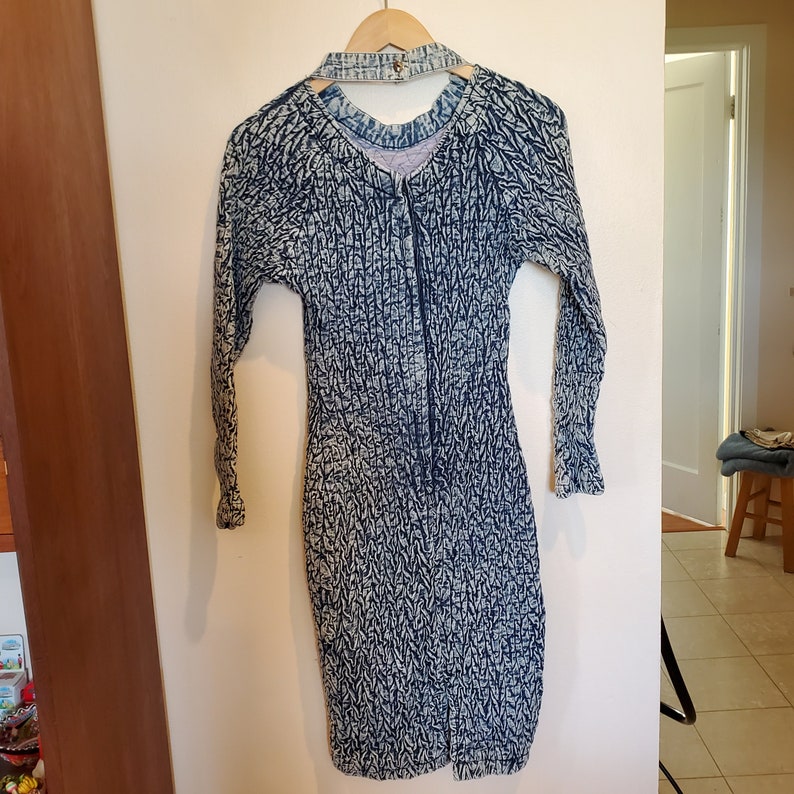 80s Acid Wash Faux Pearls Denim Wiggle Dress SIZE XS XXS