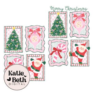 Puede incluir: Una ilustración digital con imágenes navideñas. El diseño incluye un árbol de Navidad, adornos, bastones de caramelo y figuras de Papá Noel, todo enmarcados en bordes rosas y rojos. Las palabras "Merry Christmas" están escritas en la parte superior.