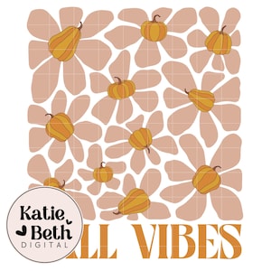 May include: A digital design featuring a repeating pattern of orange pumpkins and peach-colored flower shapes on a grid background. The words "FALL VIBES" are in orange block letters. A circular logo with the text "Katie Beth DIGITAL" is in the lower left.