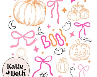 Preppy Halloween PNG: Pumpkin Bow Clipart, Retro Boo (Digital Download)