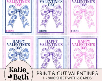 Toile Valentine Cards Printable: Preppy Pink & Blue Kids Valentines (PNG Sheet)
