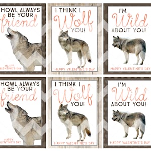 Puede incluir: Seis tarjetas de San Valentín imprimibles con ilustraciones de lobos y mensajes románticos. Las tarjetas tienen un fondo de madera rústica con un patrón de chevron. El texto en las tarjetas incluye "Howl Always Be Your Friend", "I Think I Wolf You" y "I'm Wild About You".