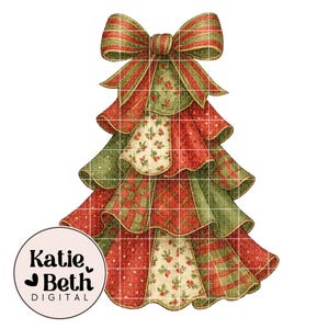 May include: A layered Christmas tree design with a large bow at the top. The tree features alternating tiers of red, green, and cream-colored fabric patterns, including stripes, polka dots, and floral prints. The image includes the text "Katie Beth DIGITAL" in a circular logo.