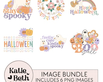 Retro Hippie Halloween PNG-paket: Spöken, pumpor, blommor (digital nedladdning)