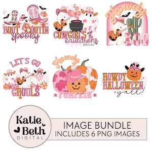 May include: A digital image bundle featuring six PNG images with a Halloween and Western theme. The images include ghosts, pumpkins, cowboy boots, and hats in pink, orange, and brown colors. Text includes "Boot Scootin Spooky" and "Howdy Halloween y'all!"