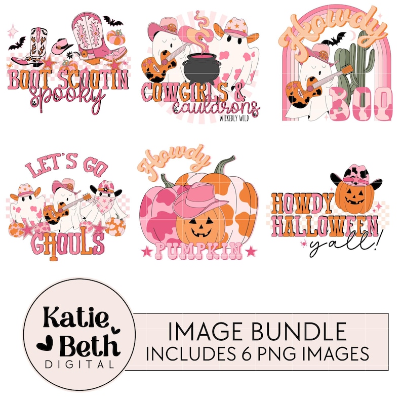 May include: A digital image bundle featuring six PNG images with a Halloween and Western theme. The images include ghosts, pumpkins, cowboy boots, and hats in pink, orange, and brown colors. Text includes "Boot Scootin Spooky" and "Howdy Halloween y'all!"