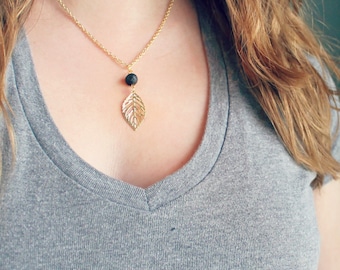 Lava Stone Diffuser Necklace: Gold Leaf Charm, Aromatherapy Jewelry
