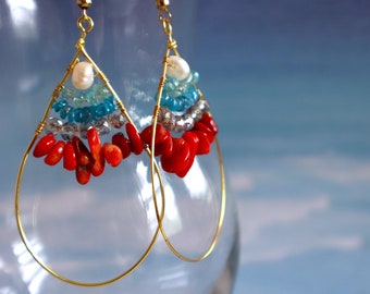 Real Coral and Gemstone Earrings, Summer Earrings, Apatite and Pearl Earrings, Boho Earrings, Boho Gemstone Dangle Earrings, Coral and Blue