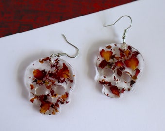 Rose Petal Skull Earrings | Handmade Resin Earrings with Real Dried Roses | Witchy Earrings | Paranormal Gifts | Halloween Earrings