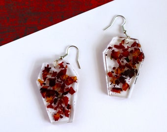 Rose Petal Coffin Earrings | Handmade Resin Earrings with Real Dried Roses | Witchy Earrings | Paranormal Gifts | Halloween Earrings