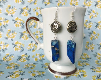 Imperial Blue Jasper Dangle Earrings, Gemstone Earrings, Rose Charm Earrings