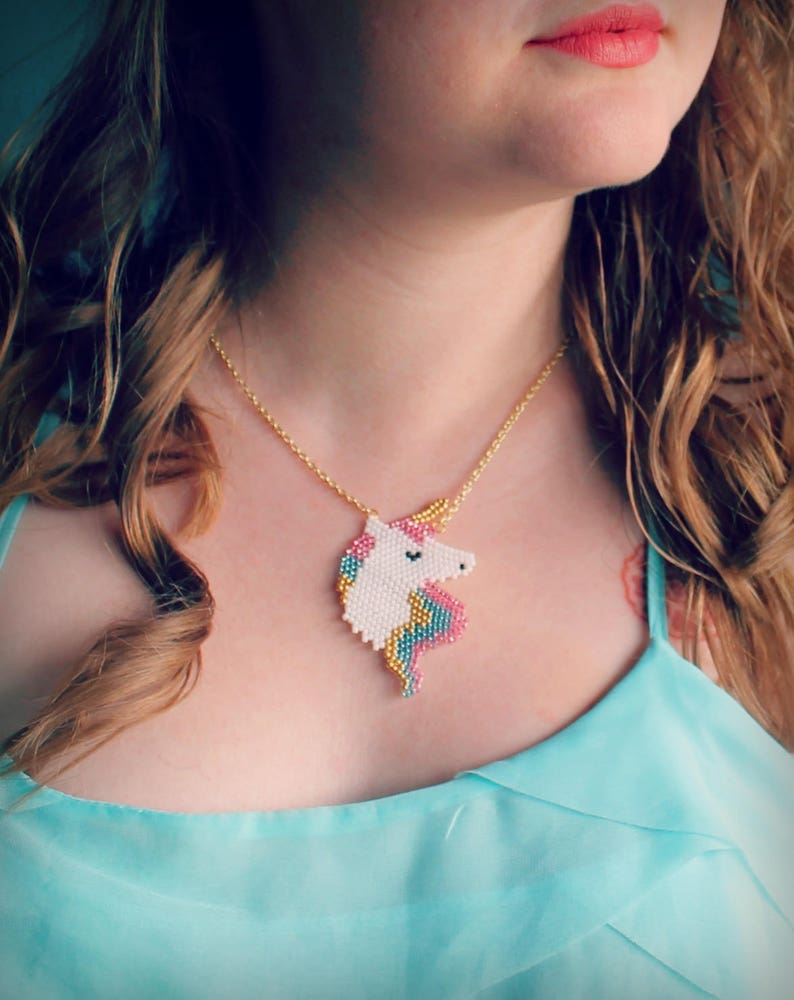 Unicorn Necklace, Beaded Unicorn Boho Necklace, Unicorn Jewelry, Unicorn Gift for Her, Rainbow Unicorn, Unicorn Art Statement Necklace image 9