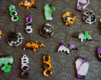 Set of Handmade Halloween Ornaments | Resin Multicolor Fall Tree Decorations | Witchy Spooky Halloween Ornaments