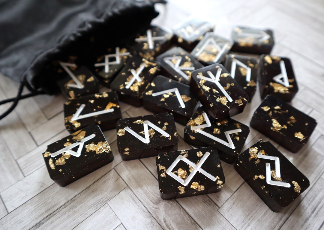 Black and Gold Runes, Norse Rune Set Elder Futhark Runes Divination