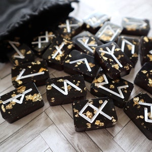 Handmade Black and Gold Resin Runes: Elder Futhark Divination Set