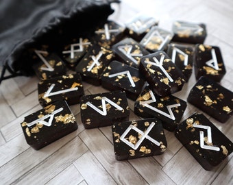 Handmade Black and Gold Resin Runes: Elder Futhark Divination Set
