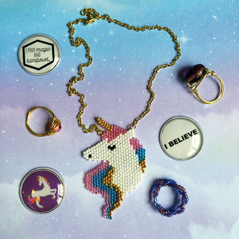 Unicorn Necklace, Beaded Unicorn Boho Necklace, Unicorn Jewelry, Unicorn Gift for Her, Rainbow Unicorn, Unicorn Art Statement Necklace image 10