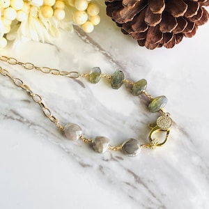 Gemstone, Moonstone, Labradorite Hand Beaded Boho Modern Necklace