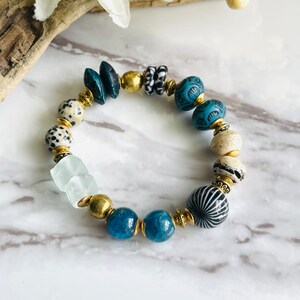 Gemstone Bracelet Apatite Dalmatian Jasper Bone Glass Vintage Lucite Brass Eclectic Boho Beaded Bracelet