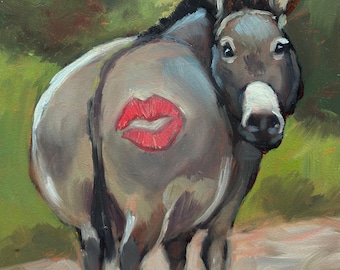 Dipinto originale ad olio raffigurante un asino, opera d'arte animale fantasiosa, decorazione murale in stile rustico (6x8)