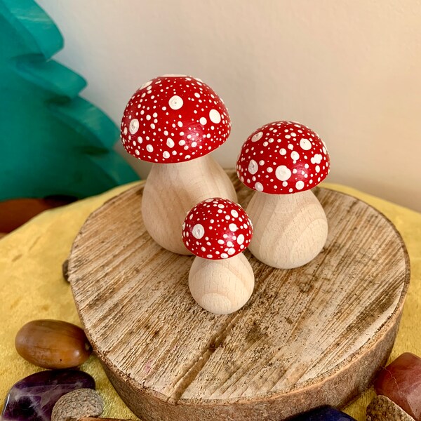 Set of 3 hand painted toadstools | Red | Ocre yellow | Waldorf | Nature table | Autumn | Gnome | Mushrooms | Play | Home decor