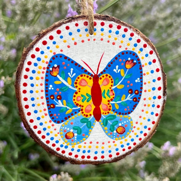 Hand Painted Folk Art Butterfly wood slice | Sustainable | Waldorf | nature table | seasonal | forest | ornament | wildlife | log | British