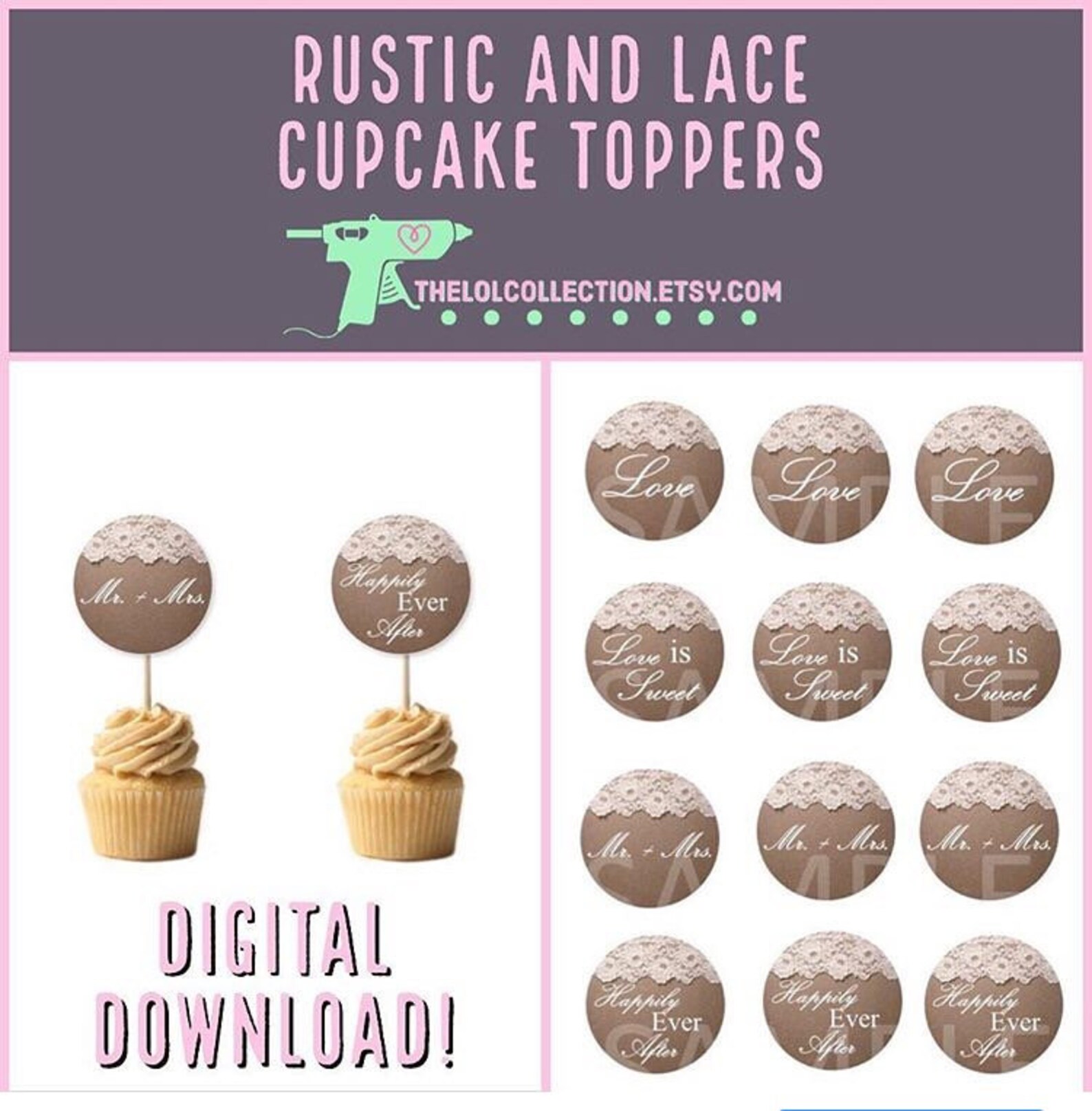 Rustic and Lace Bridal Shower Cupcake Topper Wedding Cupcake Etsy