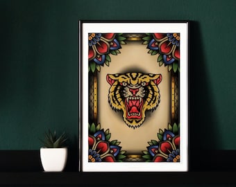 May include: A framed print of a traditional tattoo style illustration of a tiger's head with a roaring expression. The tiger is surrounded by colorful floral designs in a vintage style.