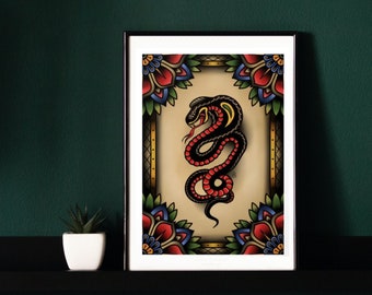 May include: A black and red snake coiled in a traditional tattoo style, framed by colorful floral designs. The snake is set against a beige background with a black border.