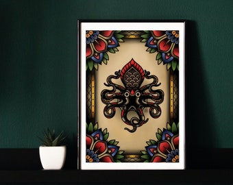 Könnte beinhalten: Ein gerahmter Druck einer traditionellen Tattoo-Illustration eines Oktopus mit schwarzem Körper und roten Augen, umgeben von bunten floralen Designs.