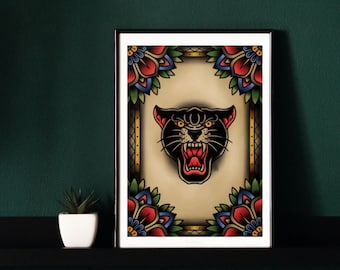 May include: A black panther head with a red open mouth and yellow eyes is framed by colorful floral designs. The background is a light brown color.