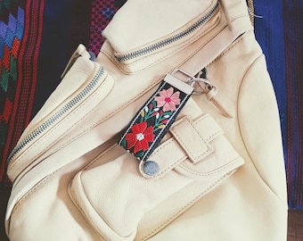 Chunky Mini Keychain, Boho Embroidered Key Fob for Women, Cute Floral Fabric Key Chain, Embroidered Bag Charm