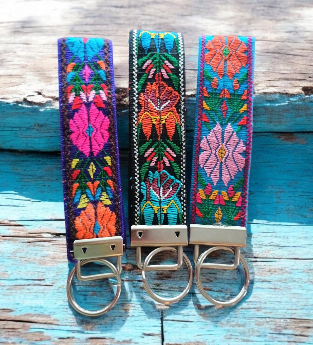 Handmade Fabric Wristlet Keychain, Floral Embroidered Key Strap, Mexico ...