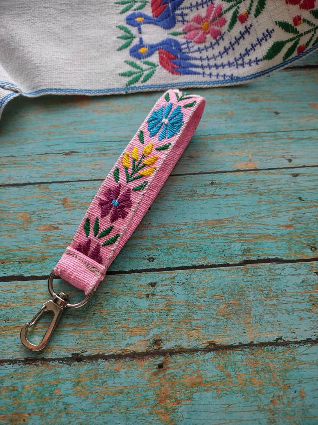 Pink Floral Wristlet Keychain, Fabric Key Fob, Flower Key Accessory ...