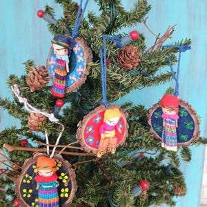 Hand-Painted Guatemala Worry Doll Ornament: Floral Wood Slice Decor