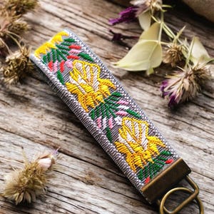 Eco-friendly Products, Gold Floral Wristlet for Women, Flower Key Holder, Cute Lanyard, Plantish Gift For Her, Embroidered Yellow Florals