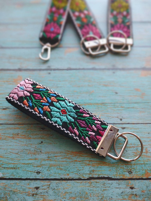 Floral Fabric Keychain Wristlet: Embroidered Woven Strap