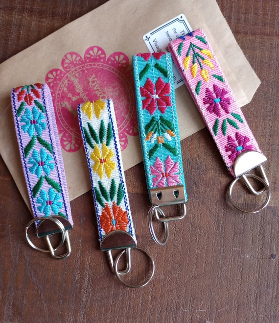Floral Keychain Mini, colorful fabric Key Fob, Teacher Gift, key fob  embroidered floral, Mexican Key Chain, Mini Key Ring Keychain For Women