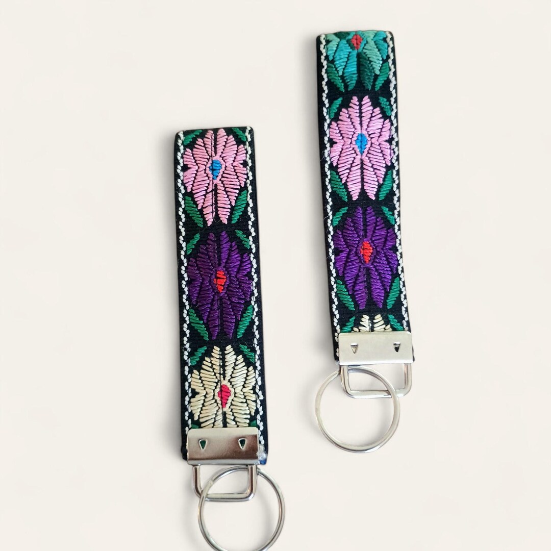 Handmade Cotton Fabric Keychain, Floral Embroidered Key Strap, Women's ...