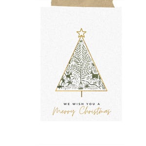 May include: A gold Christmas card with a green and gold stylized Christmas tree with a star on top. The text "We wish you a Merry Christmas" is printed below the tree.
