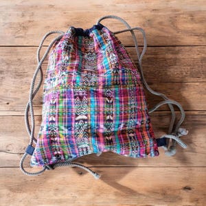 Handwoven Ikat Drawstring Backpack: Colorful Guatemala Fabric Tote