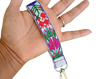 Boho Wristlet Keychains for Women, Floral Fabric Key Fob, Charm Keychain, Embroidered Key Strap, Wristlet Keychain