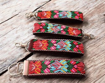 Woven Floral Wrist Lanyard, Embroidered Fabric Key Fob, Floral Keychain, Gift For Women, Ethnic Gift, Handmade keychain
