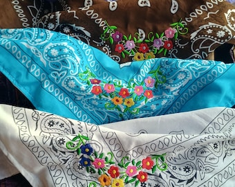 Embroidered Flowers Bandana: Bohemian Hair Accessory,  Floral Head scarf