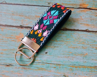 Unique Floral Keychain, Mini Keychain, Woven Key Charm, Embroidered Key Fob, Mexico Key Fob, Lanyard Keychain