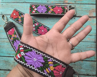Flower Keychain Wristlet, Handcrafted Fabric Key Fob, Gift For Her, New Driver Gift, EMBROIDERED Flowers