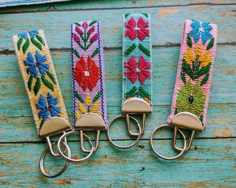 Embroidered Floral Keychain: Handwoven Mexican Fabric Charm