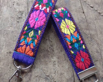 Personalized floral key chain, gift box filler, Embroidered Key Fob, Wristlet Keychain, woven Keychain, Boho key Wristlet, new car gift,